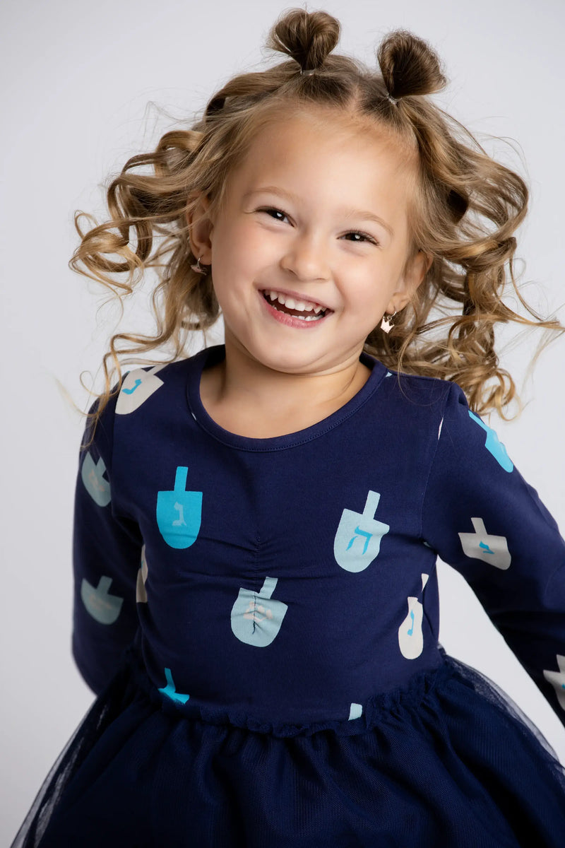 Holiday Kids Long Sleeve Tulle Dress - Hanukkah Dreidels