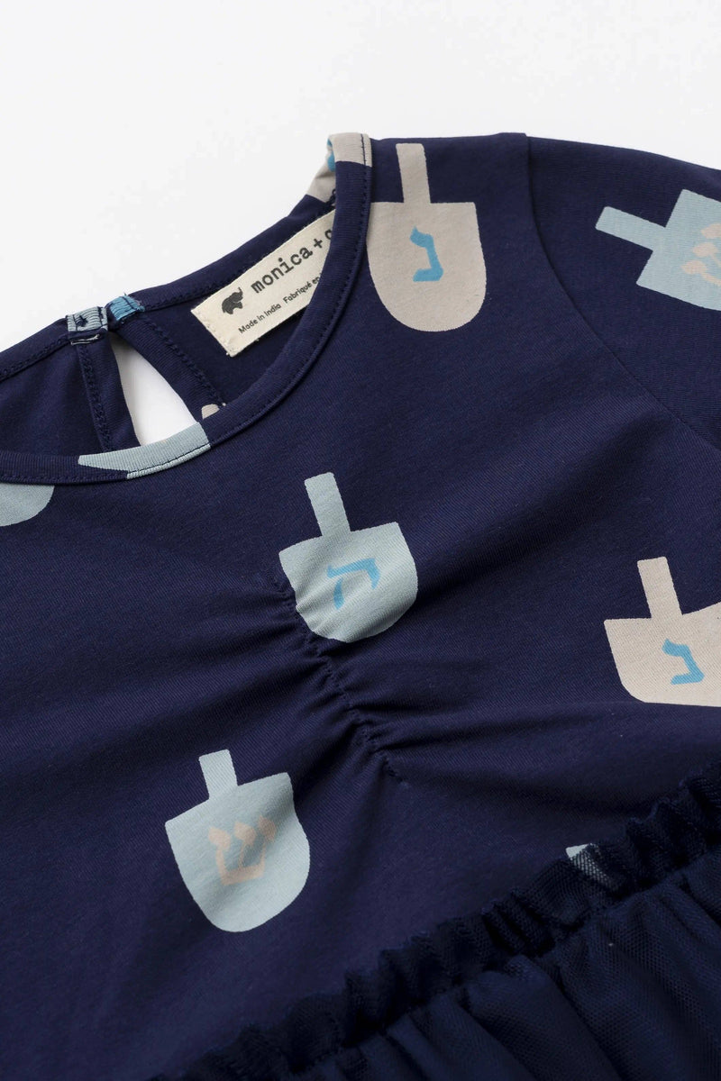 Holiday Kids Long Sleeve Tulle Dress - Hanukkah Dreidels