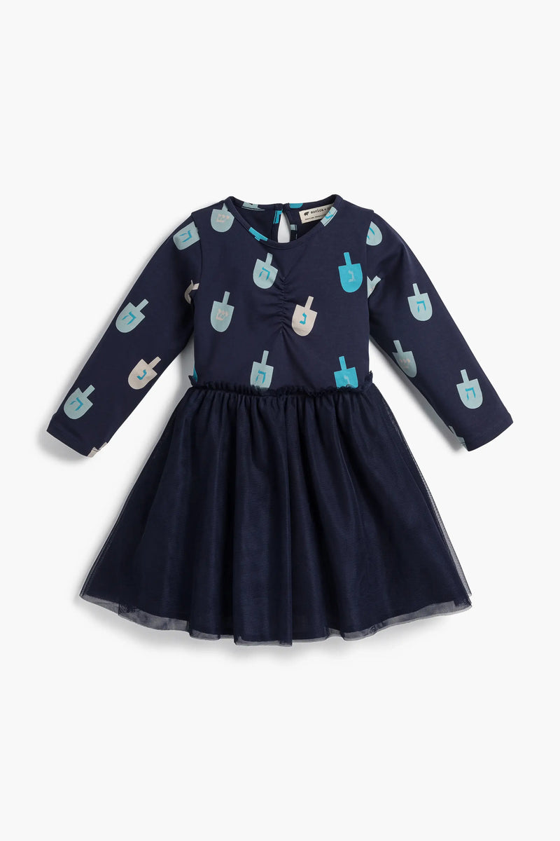 Holiday Kids Long Sleeve Tulle Dress - Hanukkah Dreidels