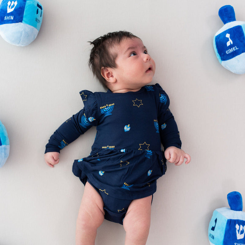 Kyte BABY Long Sleeve Twirl Bodysuit Dress - Hanukkah (0-3Mo, 6-12Mo)