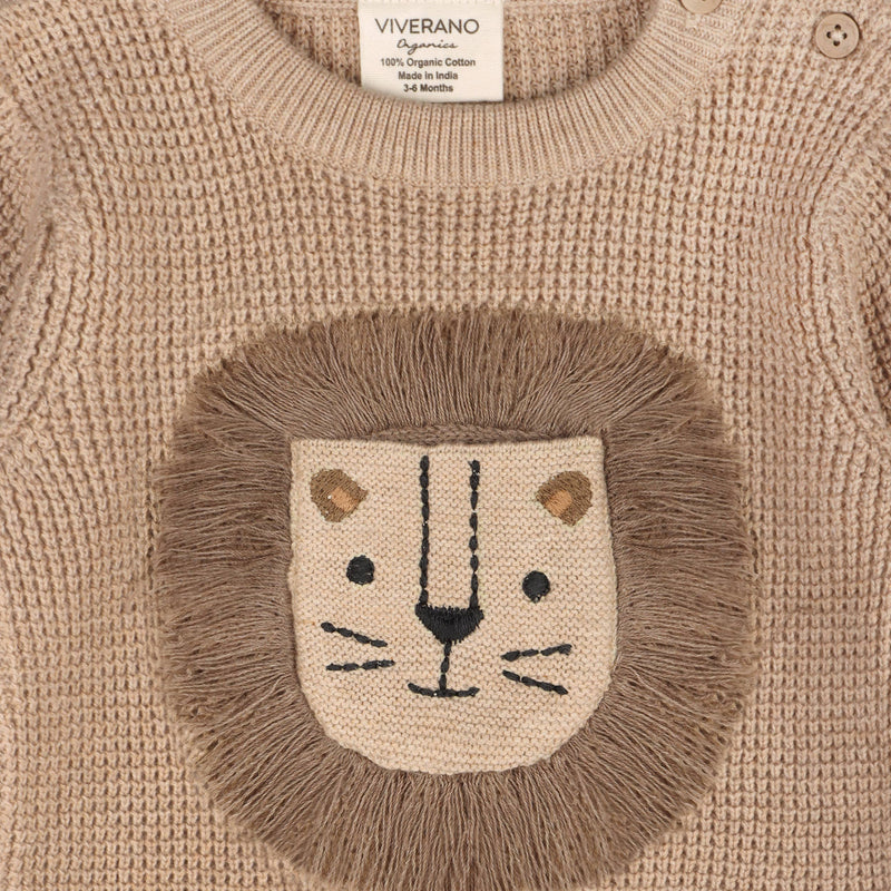 Lion Applique Chunky Sweater Knit Baby Jumpsuit (Organic) / Oat Heather