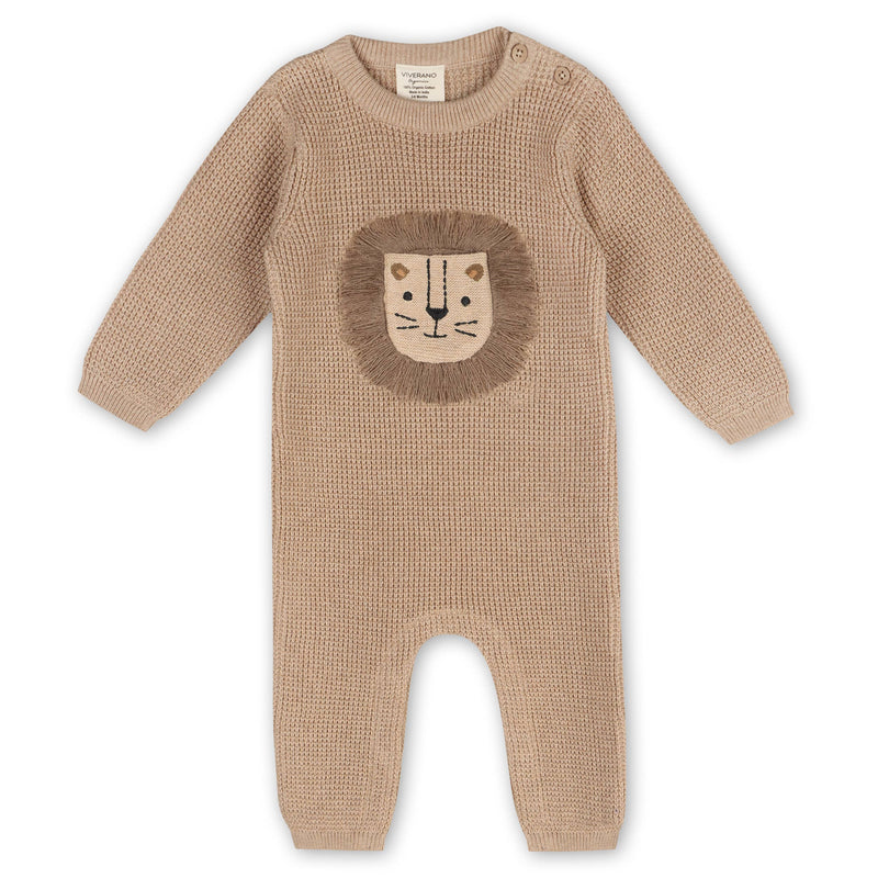 Lion Applique Chunky Sweater Knit Baby Jumpsuit (Organic) / Oat Heather