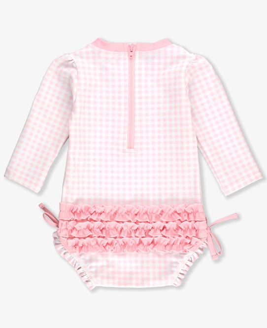 Pink Gingham Long Sleeve One Piece Rash Guard (0-3 Mo)