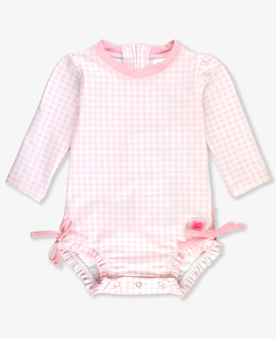 Pink Gingham Long Sleeve One Piece Rash Guard (0-3 Mo)