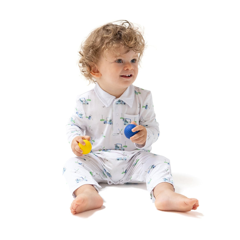 Polo Romper - Baby Golf Carts Print Blue