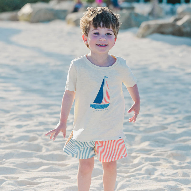 Raw Edge Short Sleeve T-Shirt - Sailboat Applique