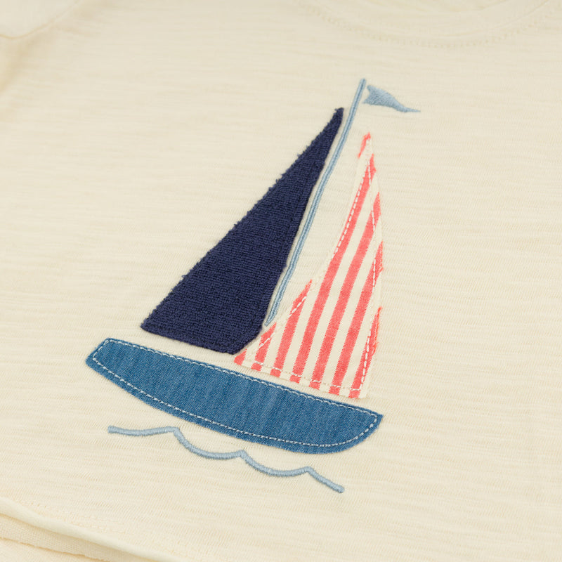 Raw Edge Short Sleeve T-Shirt - Sailboat Applique
