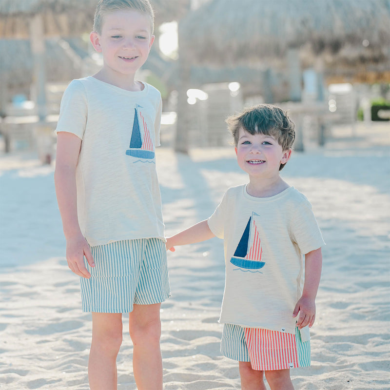 Raw Edge Short Sleeve T-Shirt - Sailboat Applique (6-7Y)