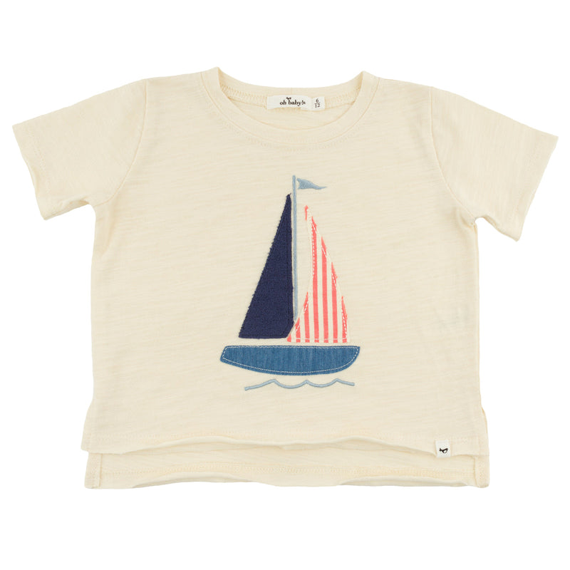 Raw Edge Short Sleeve T-Shirt - Sailboat Applique