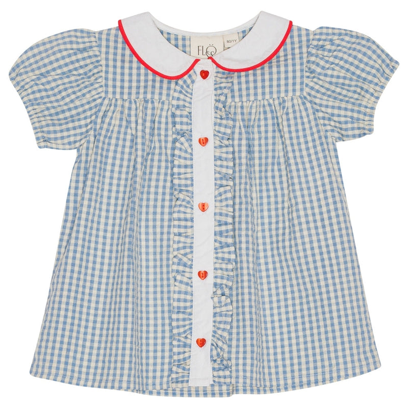 River Short Sleeve Blouse - Blue/Soft White Gingham (5Y, 6Y)