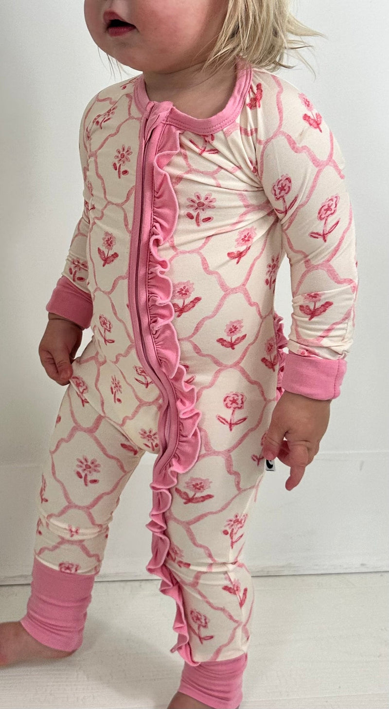 Ruffle Zipper Footie Pajamas - Blush & Bloom