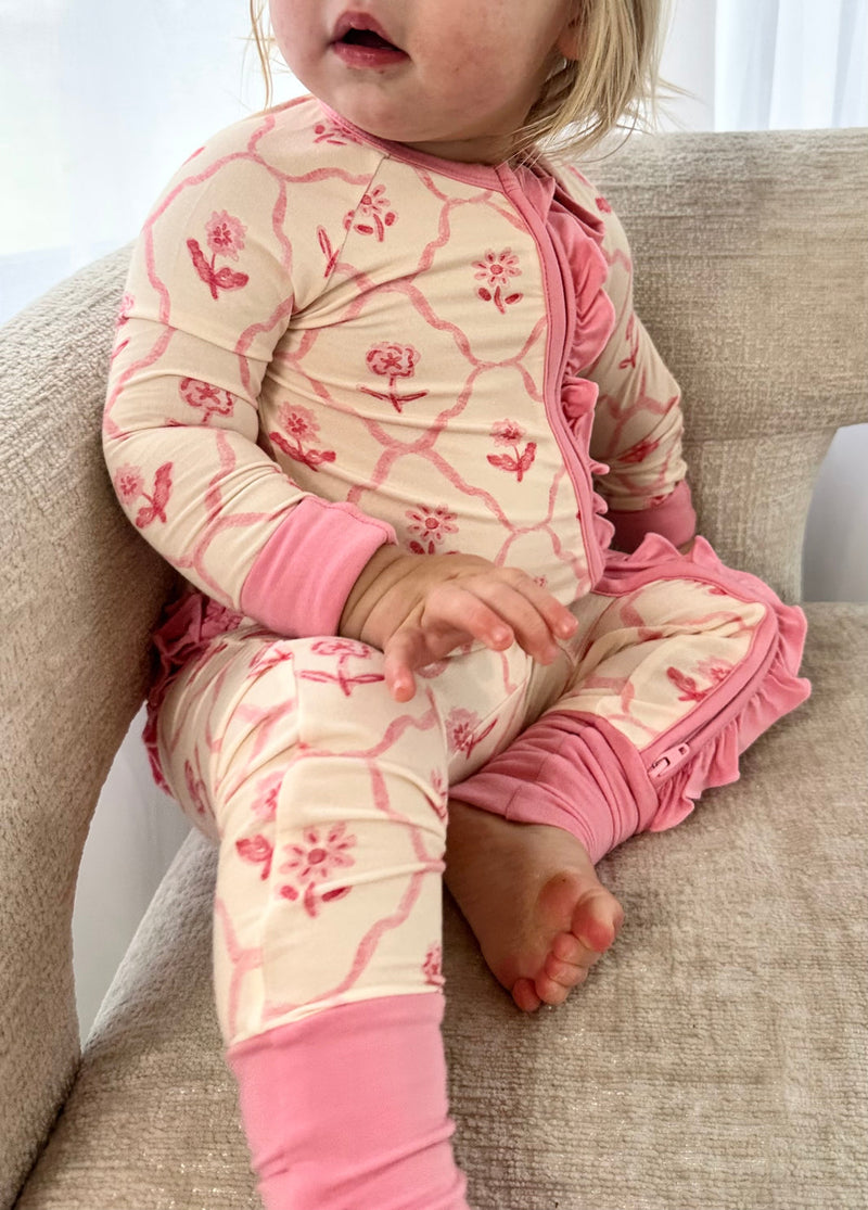 Ruffle Zipper Footie Pajamas - Blush & Bloom