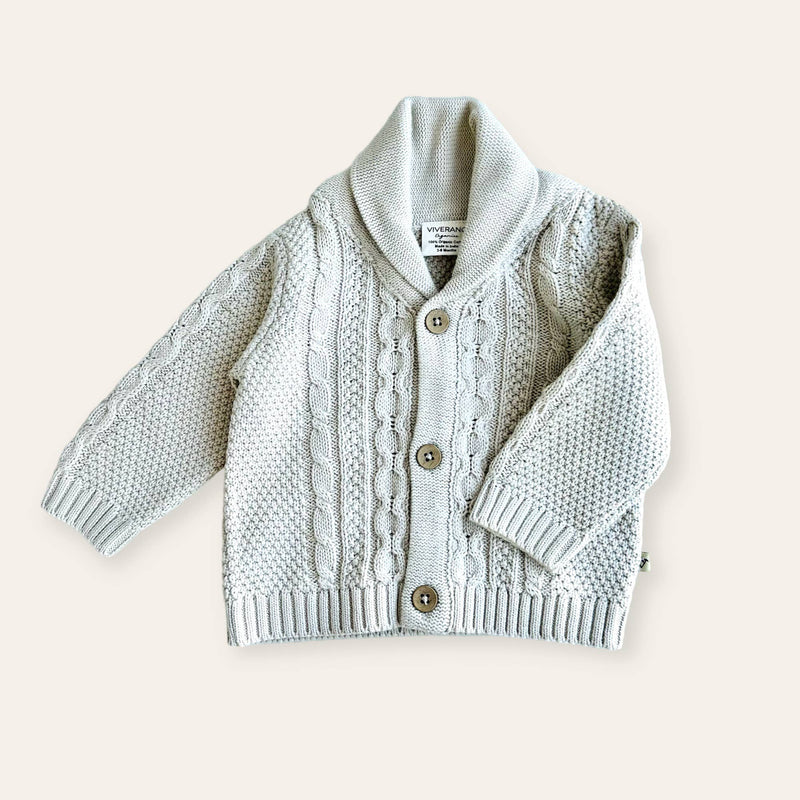 Shawl Collar Cable Knit Baby Cardigan Sweater (Organic) / Stone