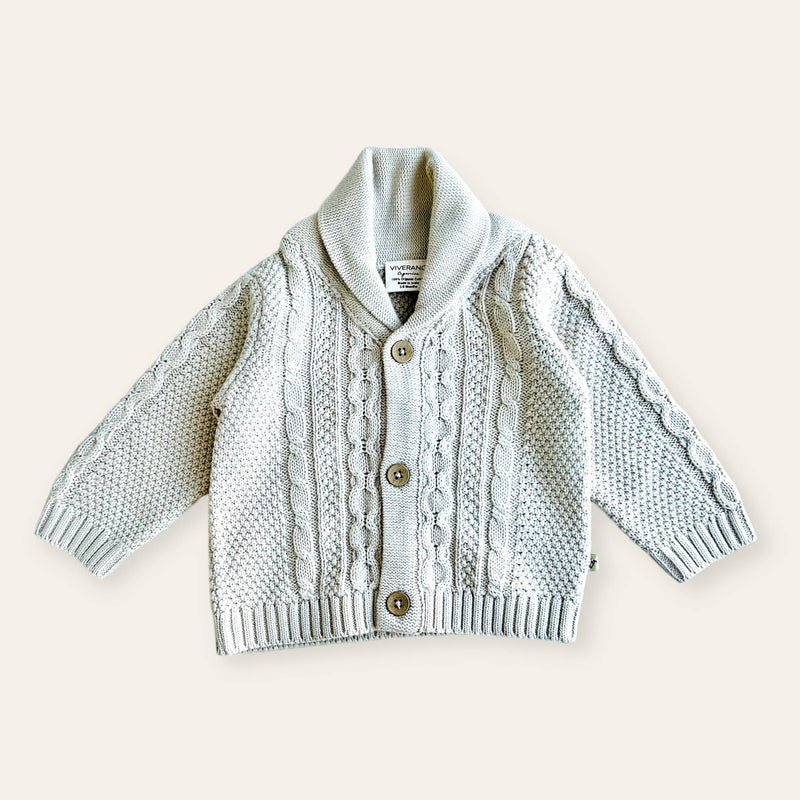 Shawl Collar Cable Knit Baby Cardigan Sweater (Organic) / Stone