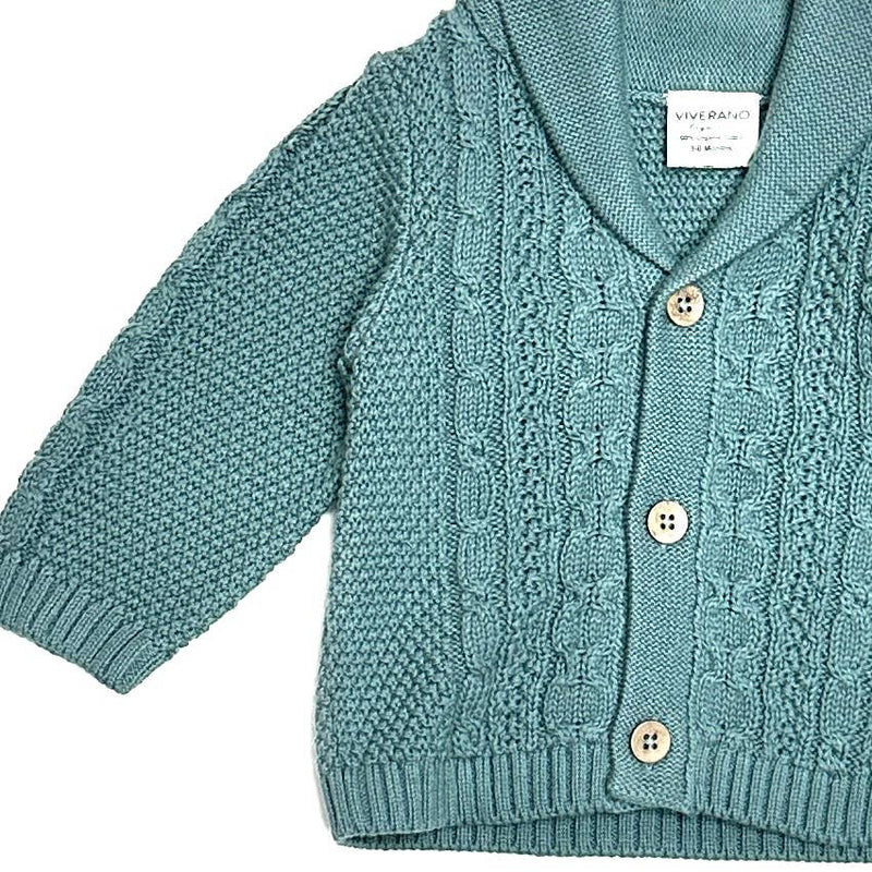 Shawl Collar Cable Knit Baby Cardigan Sweater (Organic) / Teal Blue