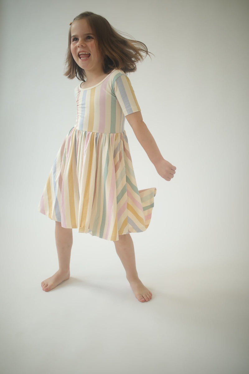 Short Sleeve Twirl Dress in Pastel Stripes