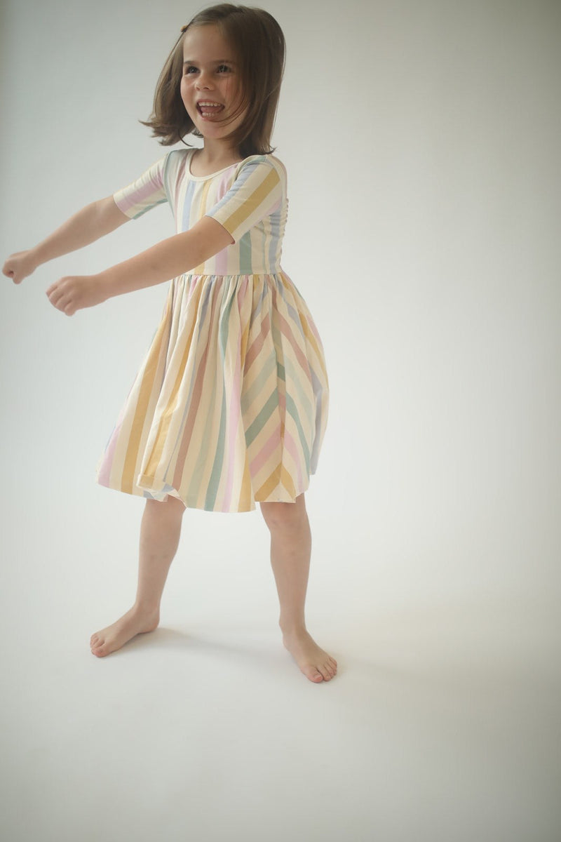 Short Sleeve Twirl Dress in Pastel Stripes