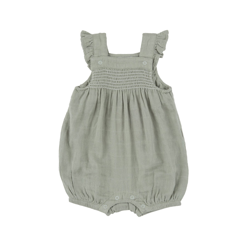 Smocked Front Overall Shortie - Desert Sage Solid Muslin