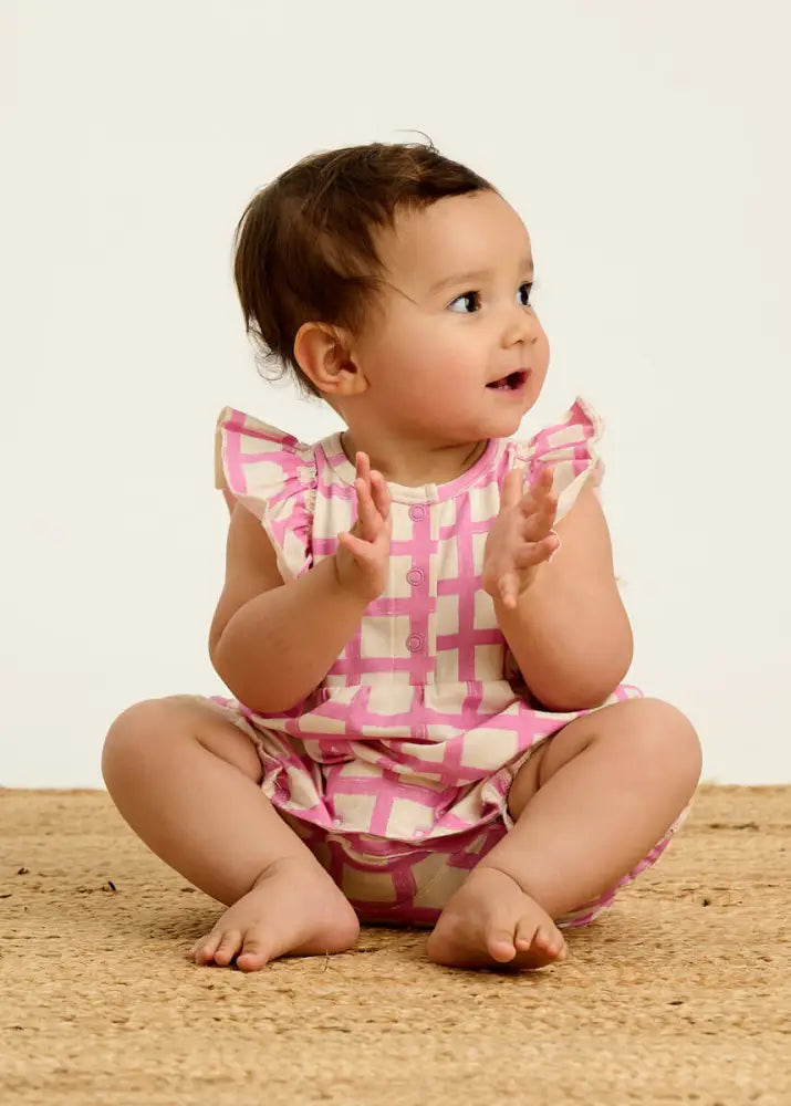 Sundae - Pink Checker Jersey Baby Frill Bubble Romper (18-24Mo)