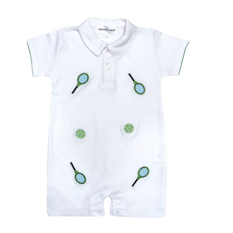 Tennis Embroidered Polo Summer Romper in Green 6Mo, 12 Mo)