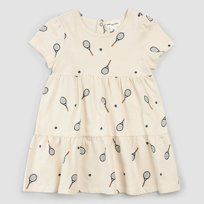 Tennis Racquet Print on Birch Tiered Jersey Dress (5Y, 6Y)