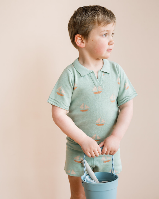 Cameron Knit Polo - Seafoam Sailboats