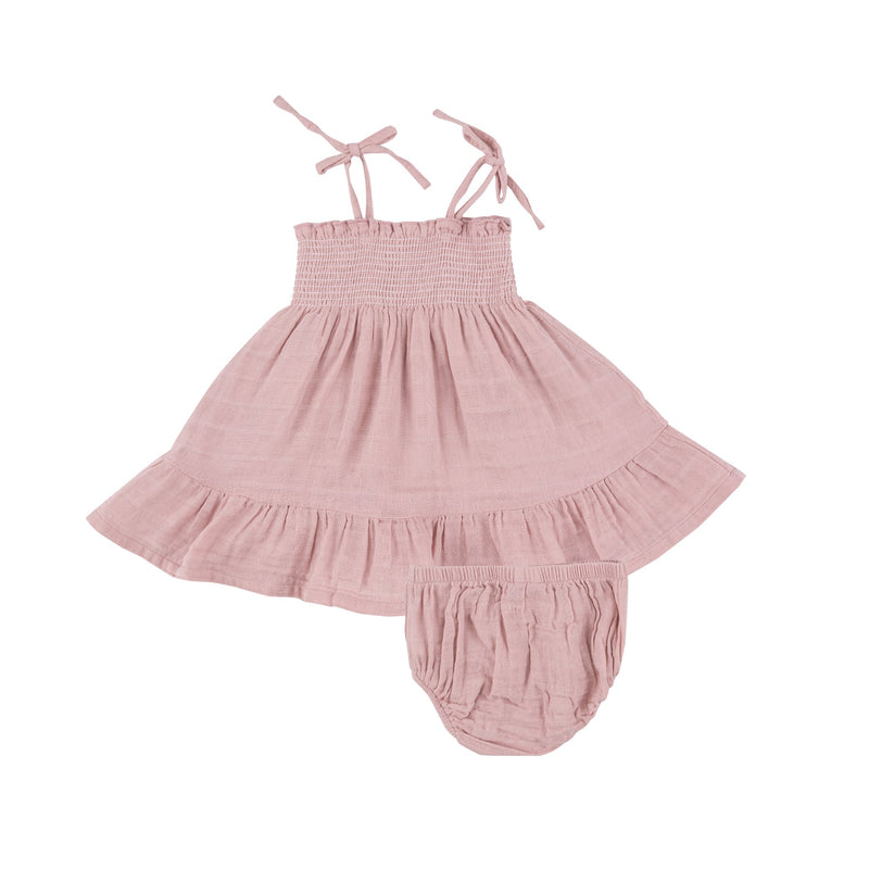Tie Strap Smocked Sun Dress - Dusty Pink Solid Muslin