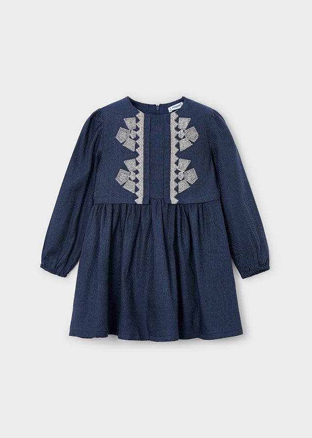 Toddler Girl Embroidered Dress - Navy