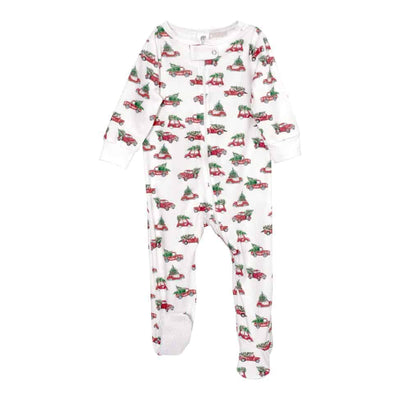 Pink Elephant - Organic Full Zip Footed Pajama - Christmas Trucks