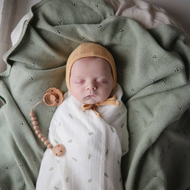 Mushie Knitted Pointelle Baby Blanket (Sage Melange)