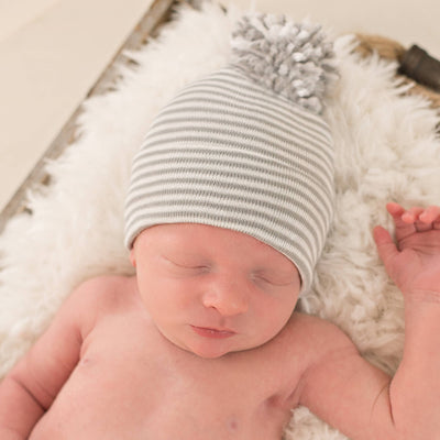 Striped Gray and White Pom Pom Newborn Hospital Hat