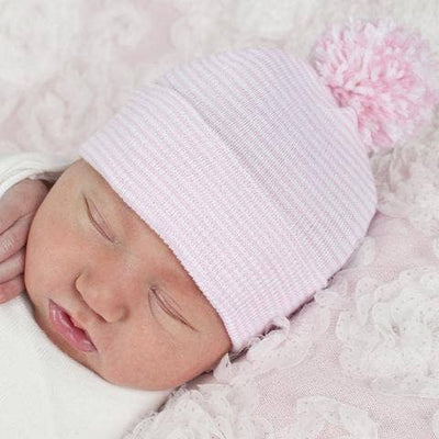 STRIPED PINK HAT WITH MIXED  POM POM - Wee Bee Baby Boutique